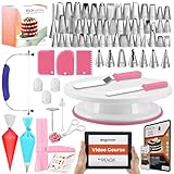 𝗚𝗶𝗳𝘁 for Woman- Cake Decorating Kit with Video Course & Pattern Chart for Newbies, Easy to Use Numbered Piping Tips, Cake Turntable for Decoration with Piping Bags, Spatulas & Much More