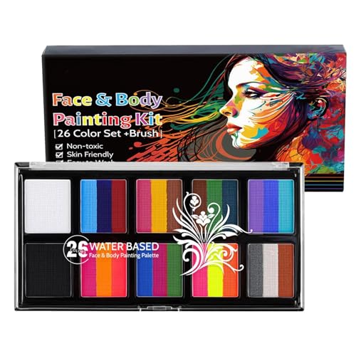 Pintura corporal para niños | Kit de pintura facial y corporal segura, kit de pintura facial de 26 colores para niños y adultos, cumpleaños, cosplay