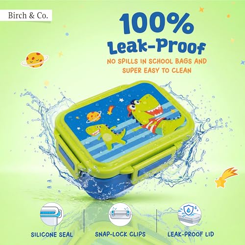 Image of Tiffin Box for School - Lunch Box for Kids Boys - Snacks Boxes for Girls - 900 ml Stainless Steel Tiffin Box, Leak-Proof 4-Side Locks, BPA-Free Food-Grade Material with Removable Divider, Dinos