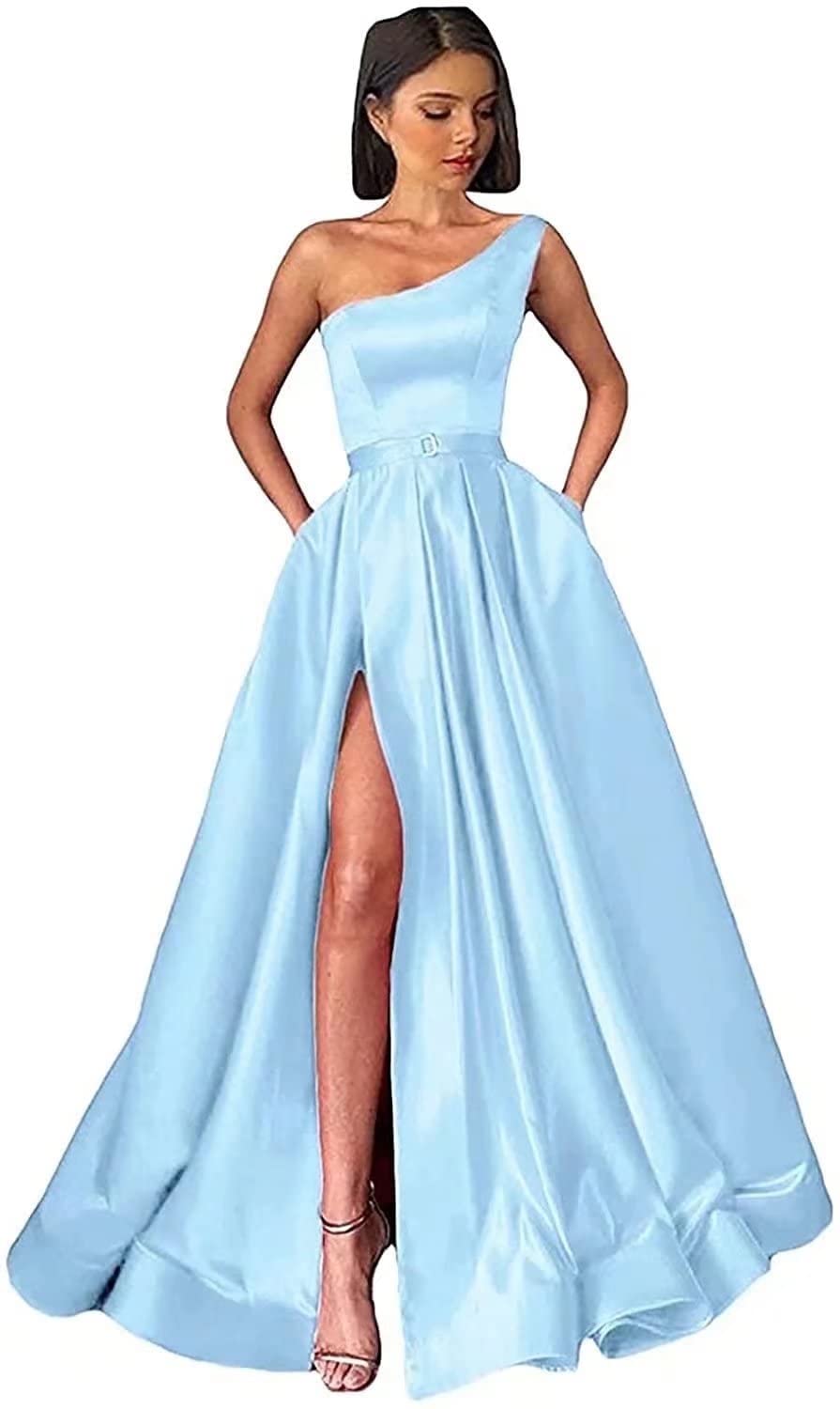 One Shoulder Satin Long Prom Dresses with Slit A-line Bodice Formal Evening Party Gowns with Pockets for Women