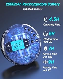 Greadio Lettore CD Bluetooth 2025, portatile, Discman, lettore CD con 2000 mAh ricaricabile, trasmettitore FM compatibile, USB, AUX, Walkman con cuffie e anti-skip/antiurto