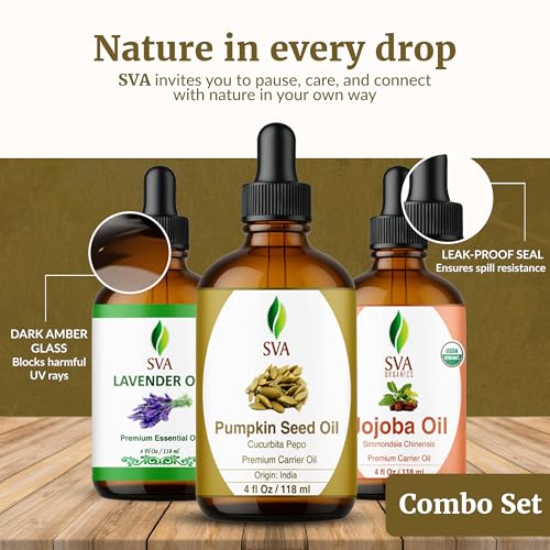 Image of SVA Pumpkin Seed, Lavender, and Jojoba Oil 4 oz Bundle Super Saver Combo - Value Set for Hair Oiling, Scalp Massage, Hair Care, Skin Care and Body Massage