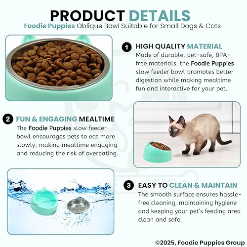 Image of Foodie Puppies Tilted Pet Feeding Bowl for Cats & Small Dogs - 350ml | Raised Oblique Design with Stainless Steel Inner Bowl, Ergonomic Food & Water Bowl | Comfortable Eating Position