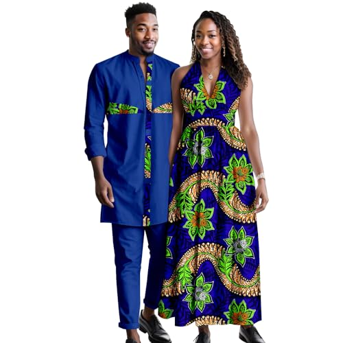 Africa Couples Men's Short Sleeve Top Pants Women's Patchwork Dress Ankara Fabric Chest Split Neckline