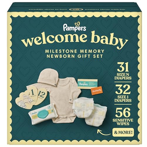 Image of Pampers Gift Set, Disposable Diapers, Sensitive Wipes, & Milestone Gifts