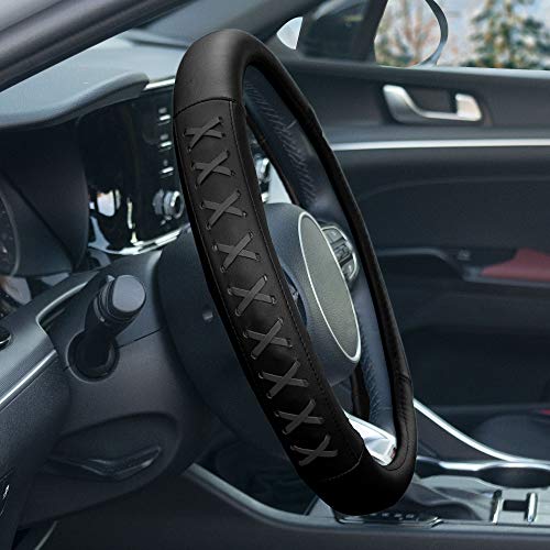 Image of FH Group Universal Fit 15 Inch Genuine Leather with Lace-Up Detailing Steering Wheel Cover fits Most Cars, SUVs Gray
