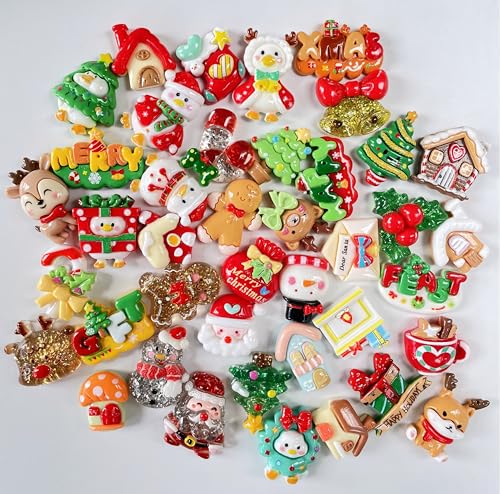 Christmas Resin Embellishments 40 Pieces Assorted Styles Xmas Tree Santa Claus Snowman Gift Box Design Resin Flatbacks for DIY Crafting Phone Case Scrapbooking (Red)