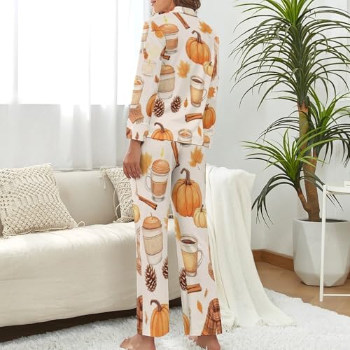 Fall Watercolor Pumpkin Womens Pajamas Coffee Latte 2 Piece Pajama Set for Women3