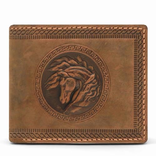Leather Wallets for Men- 3D Embossed Horse Design Bifold Vintage Distressed Genuine Leather Wallet with Two Cash Pockets and Six Card Slots (Tan)