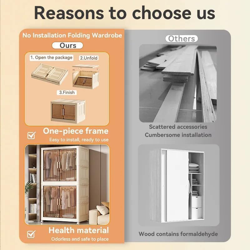 Image of Plastic Wardrobe for Cloths | 4 Layer Stackable Almirah with Hanging Rod, Transparent Doors, Wheels | Foldable Storage Cabinet Organizer for Clothes /Books /Toys