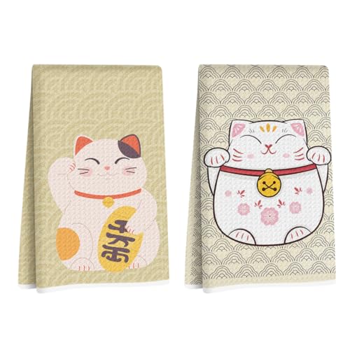 Image of 2 Pcs Japanese Lucky Cat Kitchen Towels 24x14 Inch, Maneki Neko Gifts Reusable Dish Towels for Kitchen Bathroom Decor, Waffle Weave Hand Cloth Tea Towel, Cute Cat Gifts for Women Mom Friend