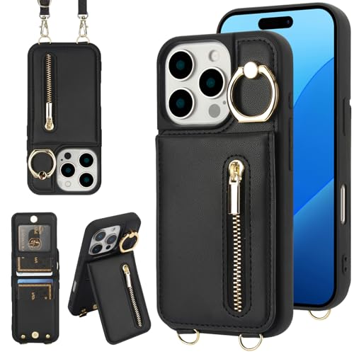 Jcxtrombulous Crossbody Wallet Case for iPhone 16 Pro with Lanyard Strap Card Slot Holder RFID Blocking 360Â° Ring Kickstand,Magnetic Flip Folio Zipper Purse Case, PU Leather Cover Handbag,Black