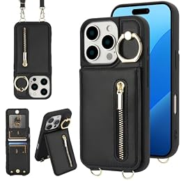 Jcxtrombulous Crossbody Wallet Case for iPhone 16 Pro with Lanyard Strap Card Slot Holder RFID Blocking Ring Kickstand,Magnetic Flip Folio Zipper Purse Case, PU Leather Cover Handbag,Black
