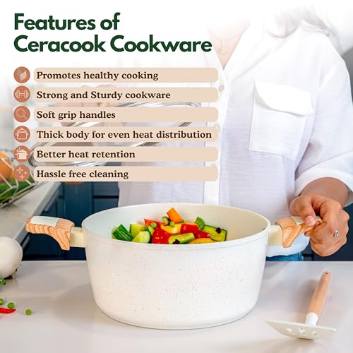 Image of Kreme Ceracook Ceramic Coated Granite Casserole 5.5Ltrs /26cm with Glass Lid, Stew Pot, Biriyani, Rice, ISI Certified, Forged Aluminium, Gas & Induction Use, PFAS & PTFE Free, 1 Yr Warranty, Ivory