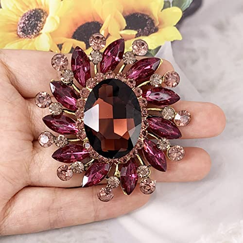 Image of SELOVO Flower Rhinestone Statement Brooch Pin Broach Antique Gold Tone