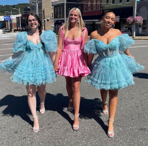 Off Shoulder Tulle Homecoming Dresses Puffy Sleeve Short Prom Dresses for Teens A Line Cocktail Dress3