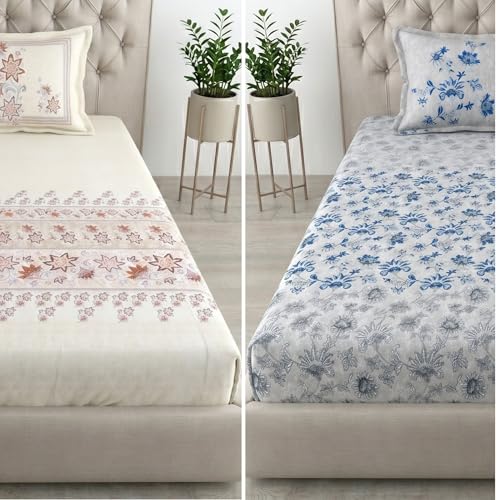 Image of Mafatlal Spring Glory Cotton Single Bedsheet Combo Pack of 2 with Pillow Covers | 180 TC Premium Cotton Fabric| Vibrant Printed Bed Linen for Home Decor | Floral Red & Floral Blue
