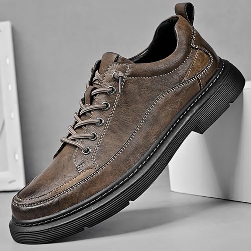 Men's Leather Casual Non-Slip Sneaker Shoes, Fashion Lace-Up Waterproof Dress Sneaker Shoes,Vintage Comfort Platform Round-Toe Business Vintage Oxfords4
