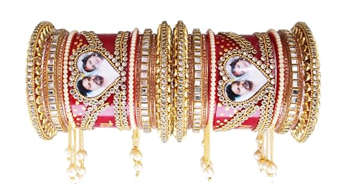 Image of Anwar Rajwada Heart Shape Custamised Husband Wife Red Name Photo Chooda Set