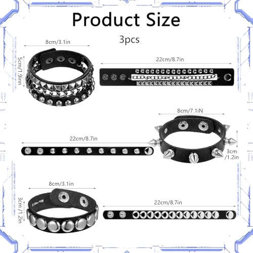 3 Pcs Punk Rock Studded Bracelet Spiked Bracelets 80s Wristband Punk Accessories Emo Bracelet Adjustable Grunge Bracelets2