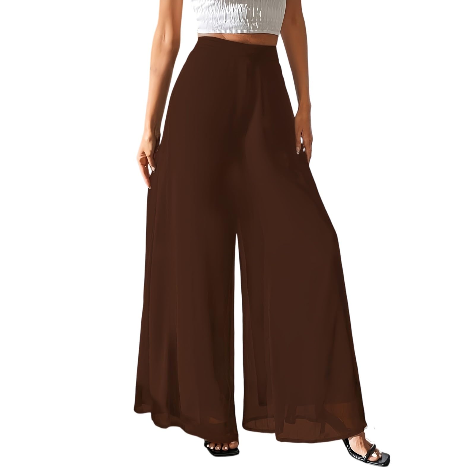 Wide Leg Palazzo Pants for Women Dressy Casual Chiffon Pants High Waisted Work Trousers Slacks Culottes with Pockets