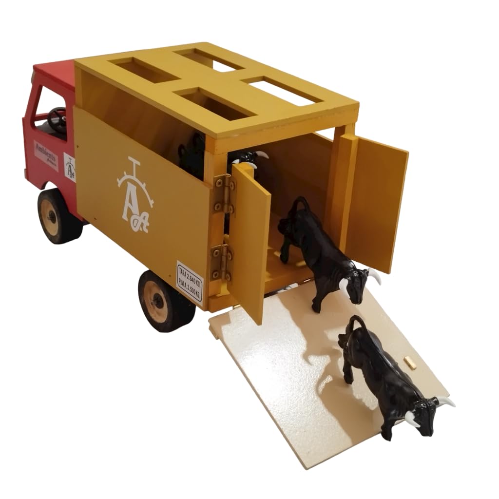 Camion de Toros de Juguete - Juguete Artesanal de Madera MDF con Rampa y 6 Toritos incluidos - Pintado a Mano - 30x13x19 cm - Ideal para niños y coleccionistas