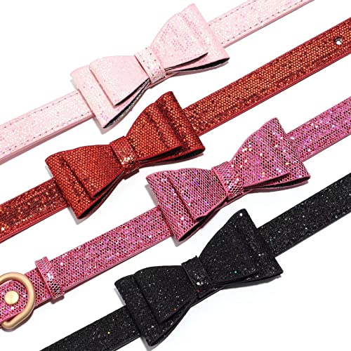 Didog Cute Dog Collar With Bowtie, Pu Leather Bowtie Dog Collar With Glitter Sequins, Girl Dog Collar Bow Tie For Small Medium Dogs & Cats, Pink, M #TOP26