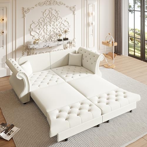 83.8" Velvet Pull-Out Chesterfield Sleeper Sofa Bed with Roll Arms, Beige