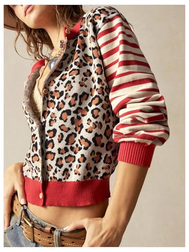 Women's Leopard Striped Cardigan Sweaters Button Down Long Sleeve Knit Outerwear2