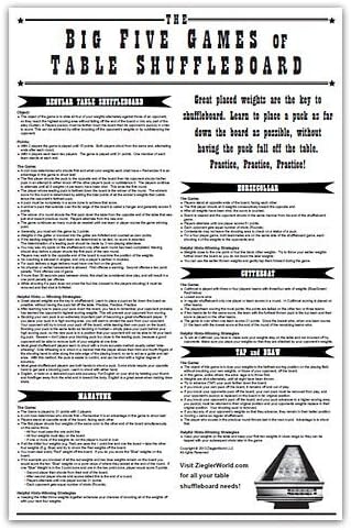 Zieglerworld 22 x 34 The Big Five Games of Table Shuffleboard Rules Poster
