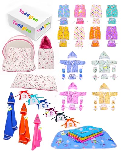 Image of Toddylon Flat Bed 56 in 1 New Born Baby Products All Baby Bedding Set & Clothes Gift Packs (0-6 Months)