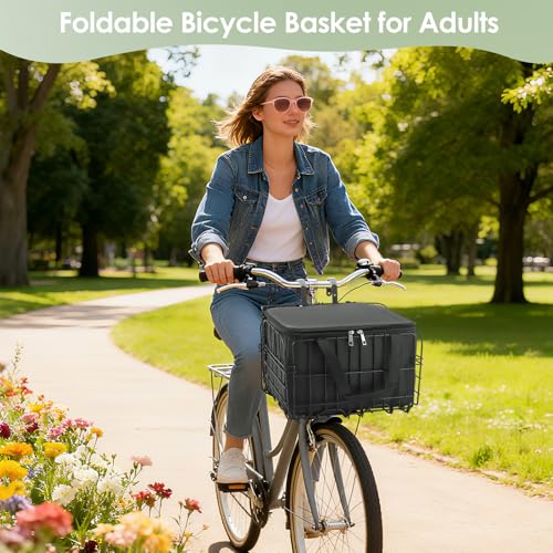 Fahrradkorb Vorne, Faltbarer Fahrradkorb Metall mit Herausnehmbarer Wasserdichter Tragetasche, Fahrradzubehör Rahmenkorb zum Transport von Hunden, Haustieren für E-Bike Mountainbike Citybike(Black)