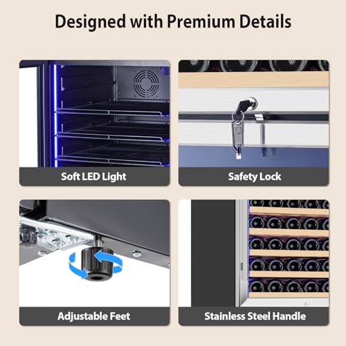 Image of ORYMUSE 24 Inch Dual Zone Wine and Beverage Refrigerator, 180 Can / 77 Bottle Capacity Built-In Freestanding Wine Fridge with Glass Door, Drink Cooler for Kitchen Home Bar, Blue LED Light