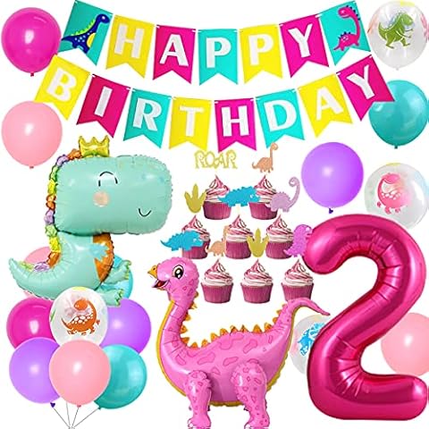 JOYMEMO Dinosaur Party Decorations for Girls 2nd Birthday Pink, Dinosaur Standing Balloons, Number 2 Balloon, Printed Latex Balloons for Little Dino, Jungle Themed Party Supplies Cover