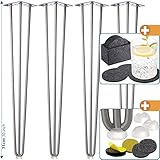 4X Haarnadel-Tischbeine Rostfreies Metall Silber - Hairpin Leg 71 cm Mit 3 Streben +Plus: Bodenschutz + Filzuntersetzer