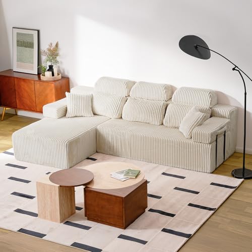 HOMRELEXA 276cm Sofa mit hoher Rückenlehne, L-Form Schlafsofa aus Cordstoff, 3-Sitzer mit Ottomane Links oder rechts, Relaxsofa für Wohnzimmer, freistehend, Keine Montage(Weiß)