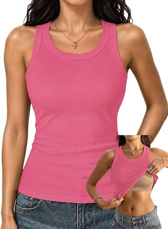  Racerback Tank Tops with Built in Bra for Women High Neck Ribbed Basics Fitted Long Bra Tanks