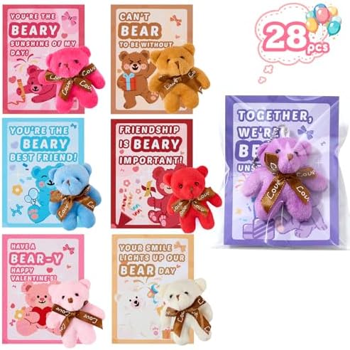 HIKISS 28 Pack Valentine's Day Greeting Cards with Mini Plush Bea...