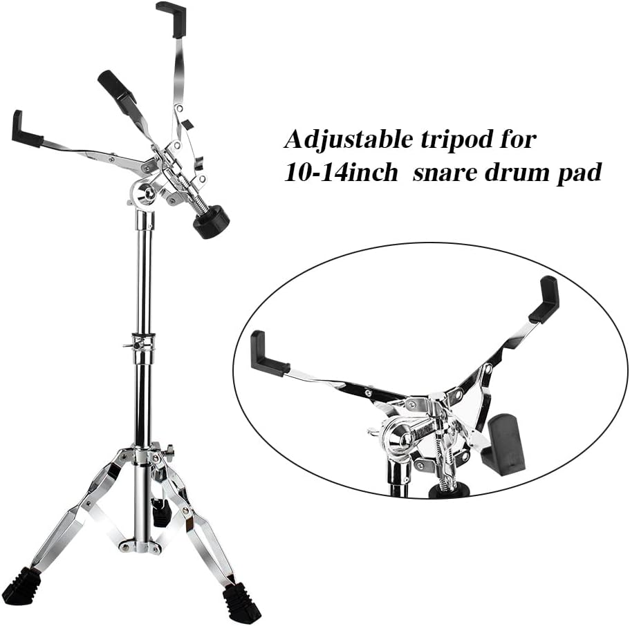 snare drum stand with drum sticks holder and two drumsticks, double braced tripod snare stand for 10 to 14 inch snare drum pad, snare drum beginners, adjustable height 14.5 to 23 inches