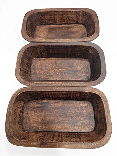 Bndplus 3 Set Walnut Antique Small Wooden Dough Bowl Oblong Hand Carved For Home Decor, Rustic Bowl L9.8 X W5.5 X H1.7 Inches #TOP6