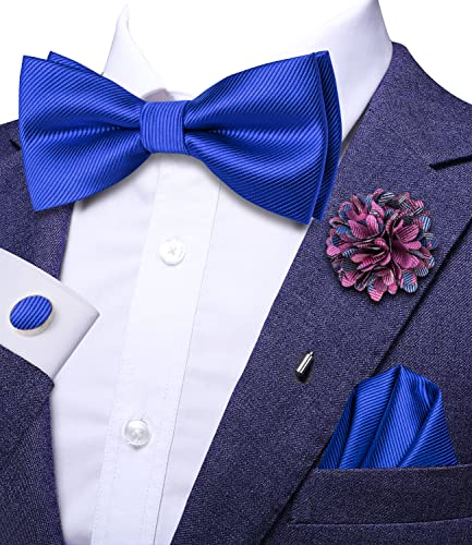 Image of Hi-Tie Mens Royal Blue Pre-Tied Pocket Square and Lapel Pin Sets Cufflinks Mens Bowtie Sets for Wedding Formal Party