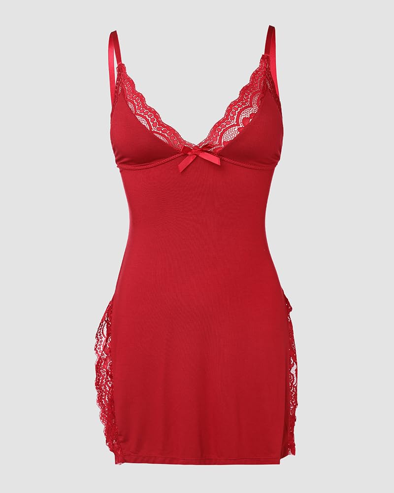 CHICME Women's Lace Trim Side Slit Modal Cami Sleep Dress Loungewear Cute Night Gowns for Women: Wine Red Small