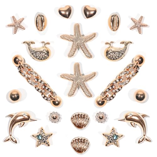 22 Pcs Bling Shoe Charms Gold Dolphin Starfish Whale Ocean Shoe Accessories Bling Gold Shoe Chain for Women Luxury Jewelry Clog Shoe Decoration Charms for Party Favor Birthday Present