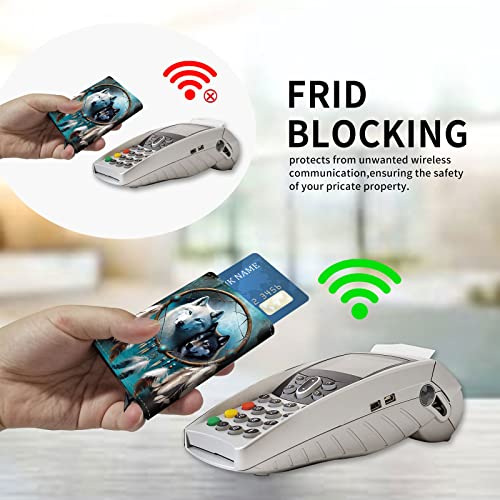 DEGDFSGR Credit Card Holder Aluminum Auto Pop Up Wallet Case,Leather Card Case Front Pocket Trifold Wallet with RFID Blocking Banknote Slot Thin Wallets for Women Men Girl, Wind Chime Wolves3