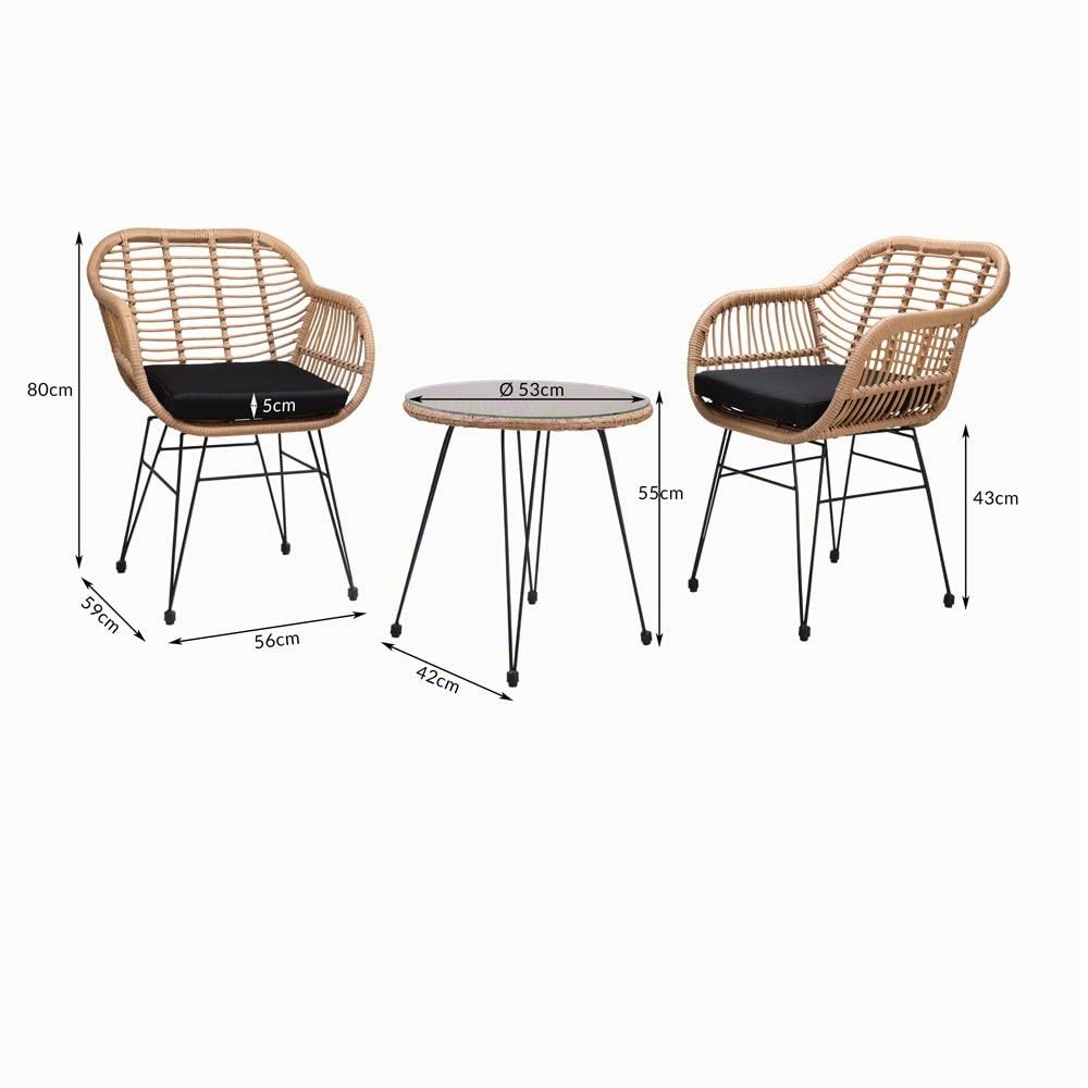 Casaria® Balkonset 3 teilig 5cm Auflagen Wetterfest 5mm Sicherheitsglasplatte Höhenverstellbar Rattan Look Outdoor Terrasse Balkon Gartenmöbel Korbsessel