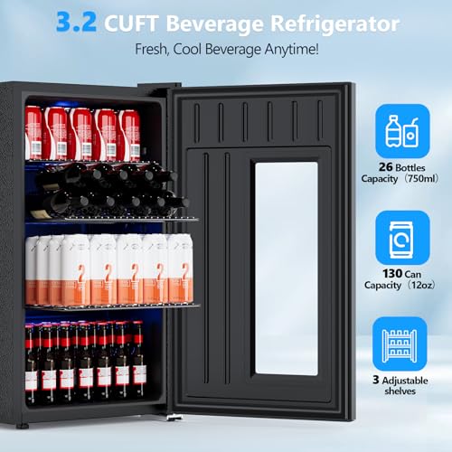 Image of Electactic Beer Cooler 3.2 Cuft, 130 Can Beverage Refrigerator with Adjustable Shelves, Accurate Temperature 20F-50F Even Cooling for Home Bar, Game Day, Mancave, Black