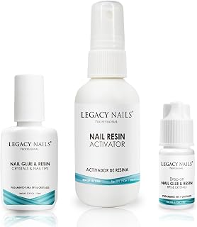 Legacy Nails Professional Nail Resin Activator with Nail Glue & Resin Brush-on and Drop-on - 3Products - Water-Resistant - Bonding Quickly - for Nails Tips, Repairs, Crystals, Decoration