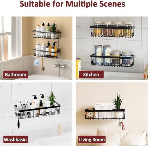 Image of iSTAR Stainless Steel Self Adhesive Multipurpose Bathroom Shelves with Hooks Wall Mount Storage Shelf Racks Bathroom Accessories Organizer, (Black,Powder Coated) Pack of 1