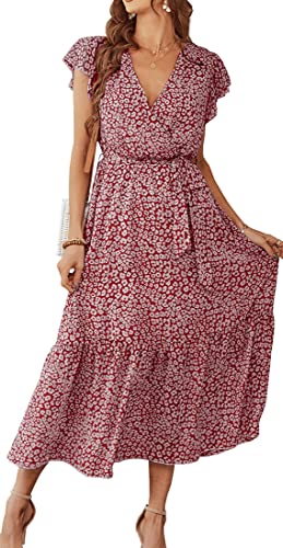 YINGKE Mujer Vestido Floral de Verano Cuello en V Manga Corta Cinturón Dobladillo con Volantes Bohemios Línea A Maxi Vestidos (XL, Rojo) Cover