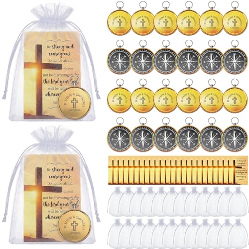 Relaxweex 24 Set Mini Christian Compass Christian Gift for Men Compass with Cards and White Drawstring Organza Bag Bible Scripture Cards Religious Gifts for Men Graduation Gift Wedding (Classic)